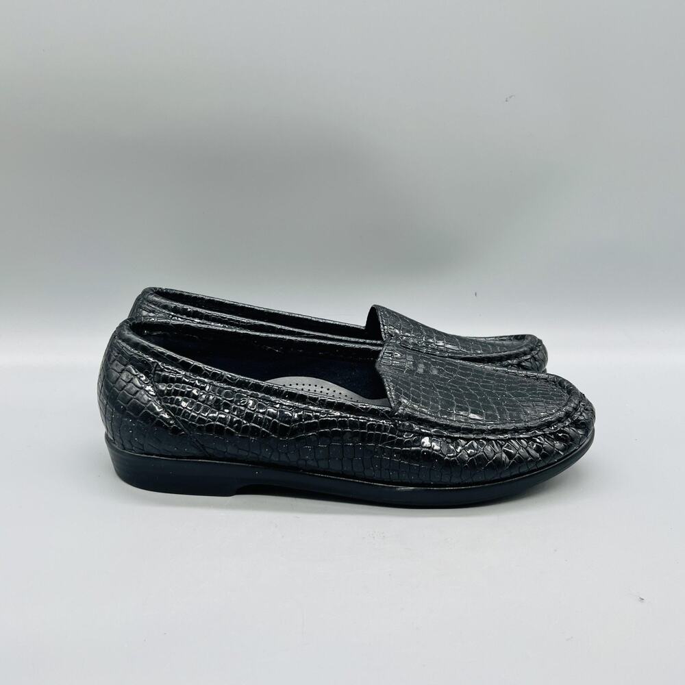 SAS Shoes Womens 7.5 Black Leather Croc Print Tripad Comfort Loafers Slip On